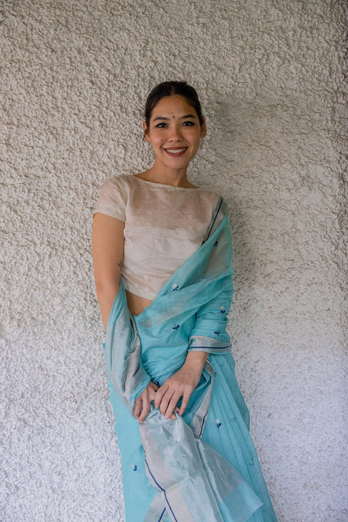 Handwoven Cotton Silk Blue Tulip Saree